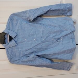 American Eagle blue railroad stripe button front shirt long sleeve women's 14